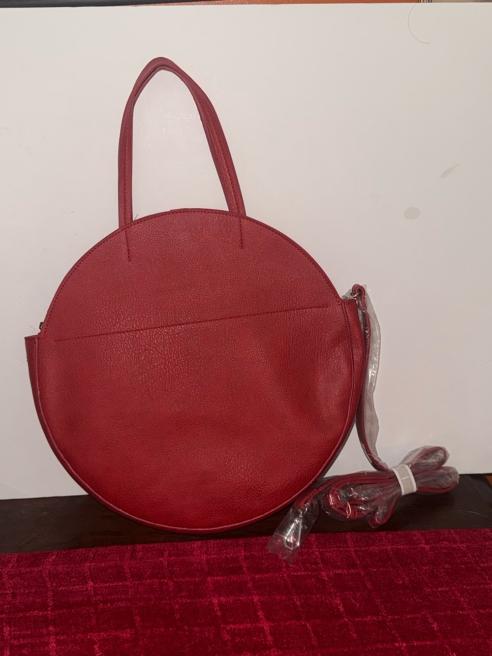 New Round Leather Purse 11” Diameter W Faux Reptile Interior & Wallet Strap